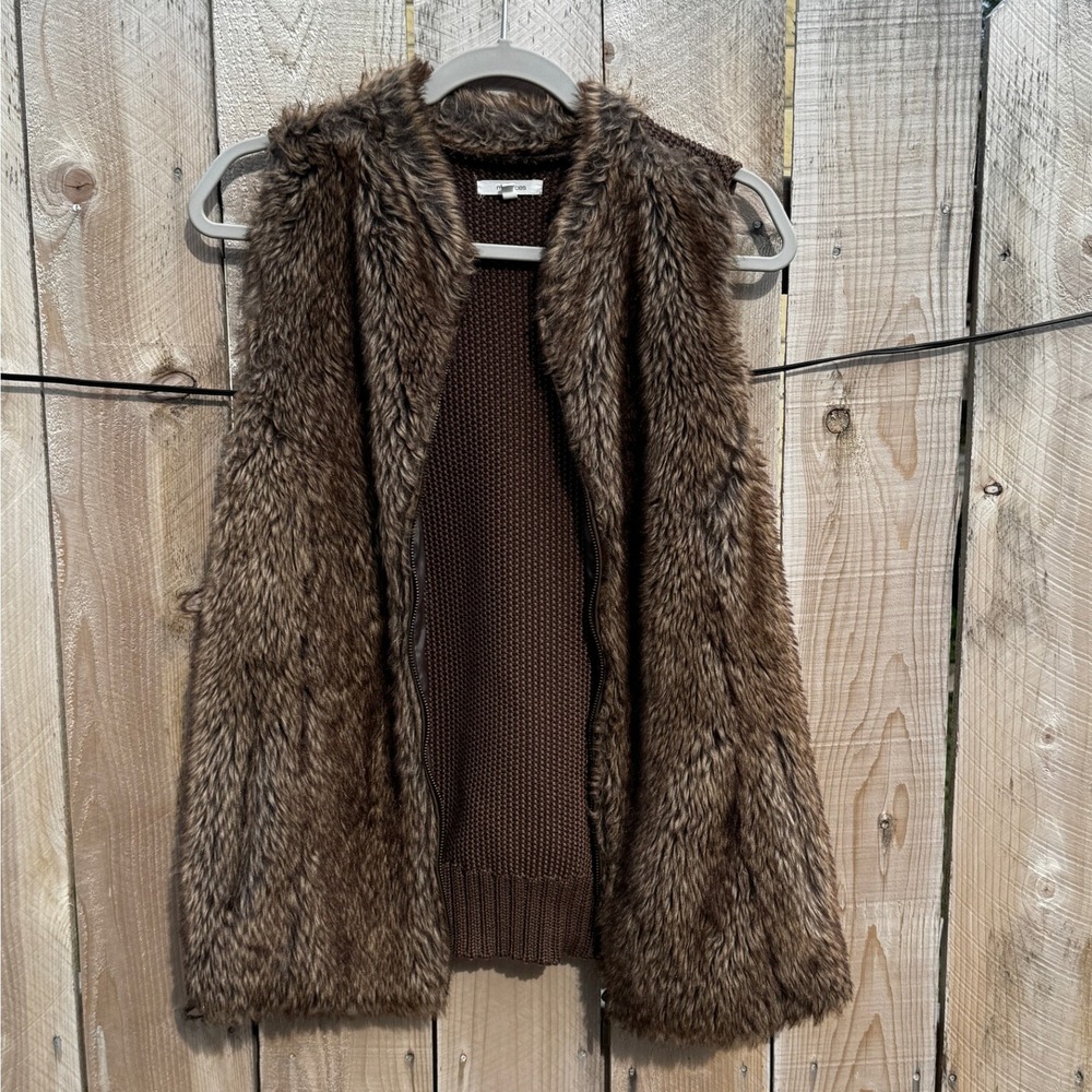 Maurices Brown Faux Fur Open Front Knit Vest Women's Size Large Sleeveless